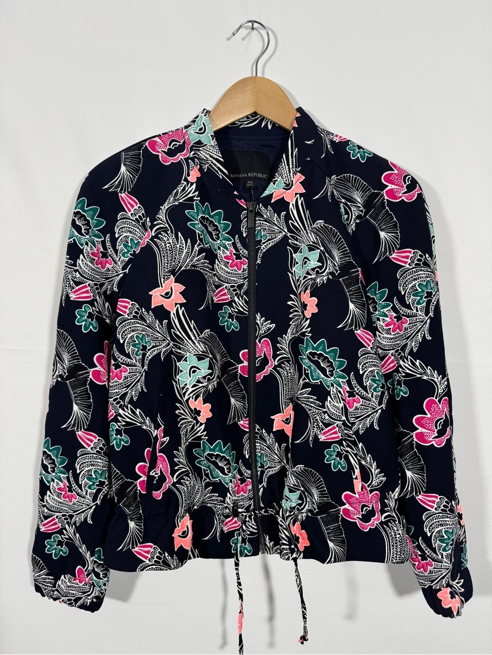WJT23 {Banana Republic} "Bird Print Drapey Bomber Jacket" Blue Full Zip Coat